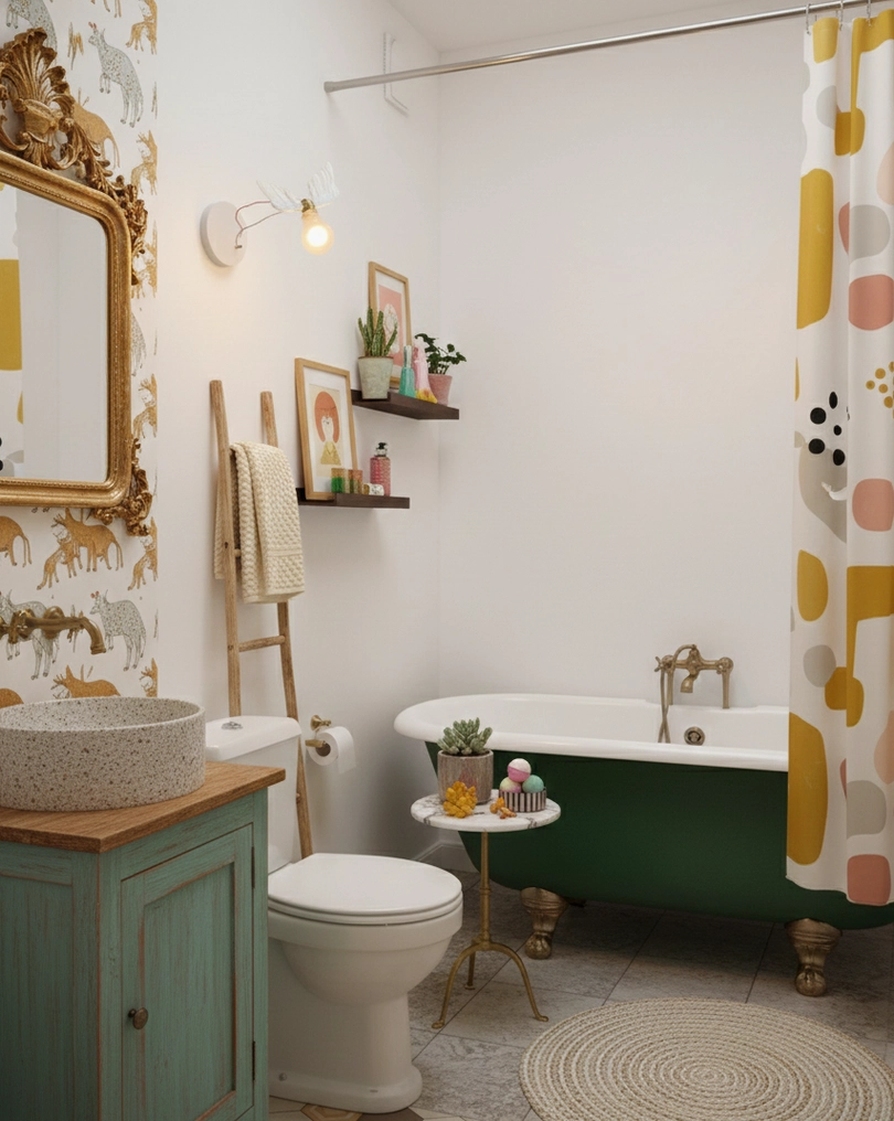 Feathered wall sconce providing ambient lighting in vintage bathroom interior with retro styling and accessories