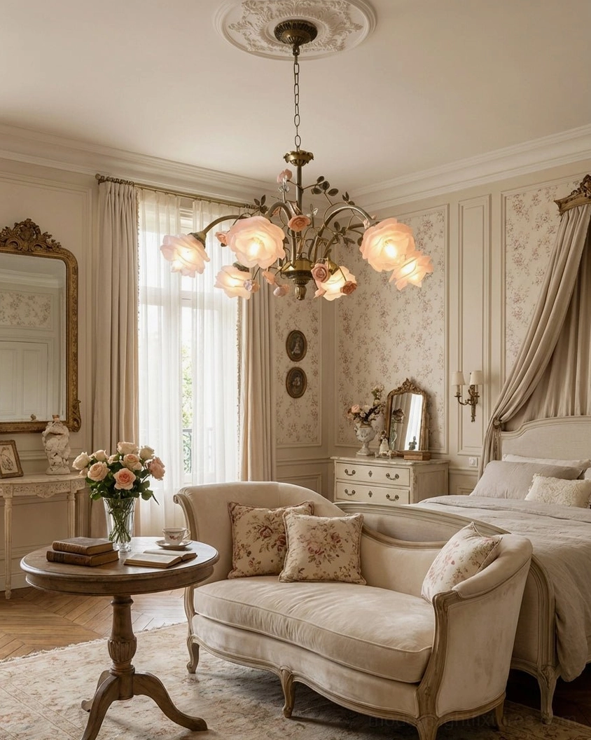 Vintage bedroom sitting area with blush pink floral chandelier beige sofa and small round wooden side table