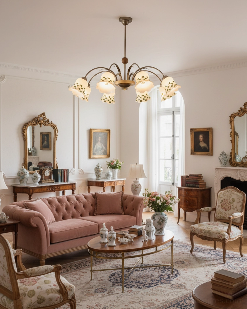 8-head vintage bloom garden chandelier with warm glass shades in classic American living room