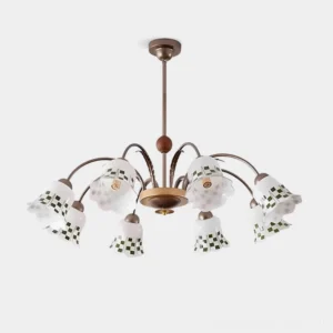8-head bloom garden vintage chandelier with bronze frame and green-accented scalloped glass shades, studio view
