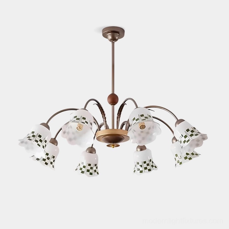 8-head bloom garden vintage chandelier with bronze frame and green-accented scalloped glass shades, studio view