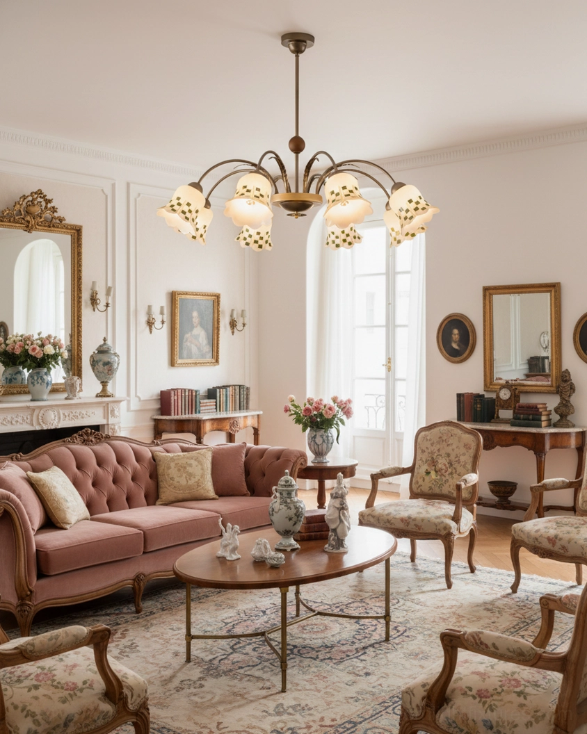 8-head bloom garden chandelier pendant light hanging above tufted pink sofa in American retro living room
