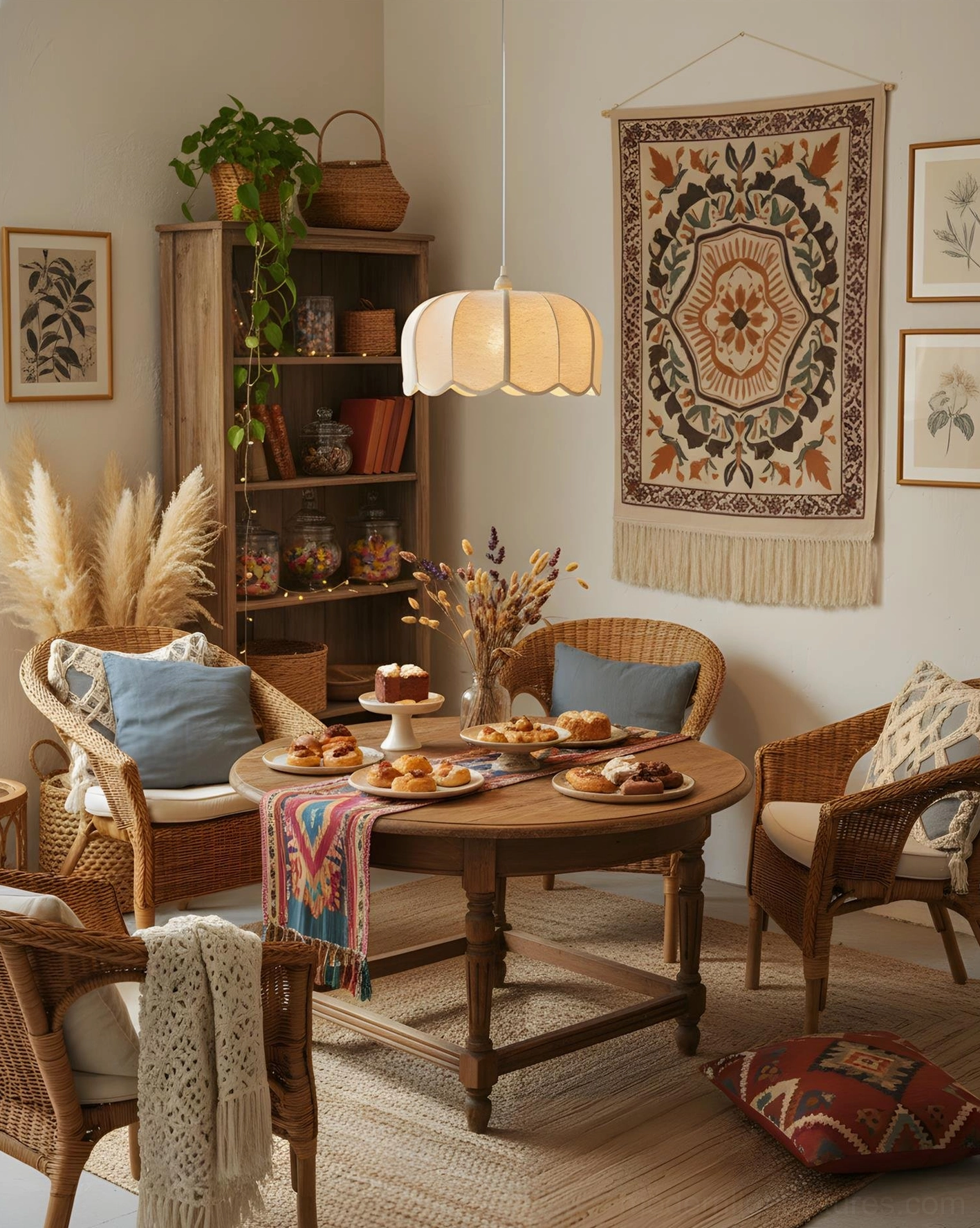 Contemporary scalloped pendant light in boho vintage dining space with warm textured ambiance