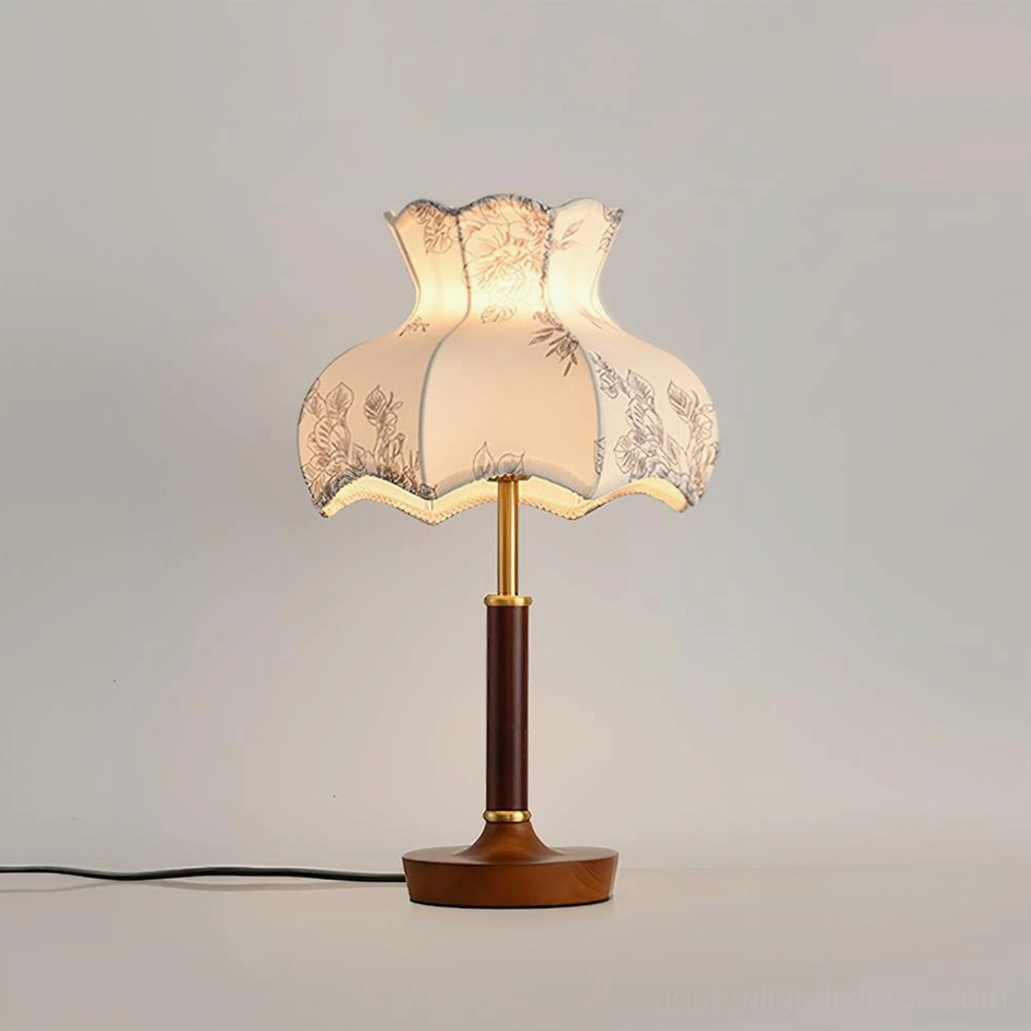 Vintage botanical print table lamp with grey scalloped fabric shade and wooden stand, American country retro style