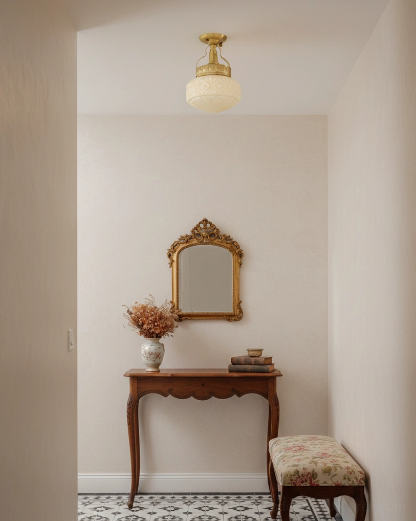 Vintage ceiling lamp installed above brass mirror and furniture in elegant entryway, casting warm neutral light