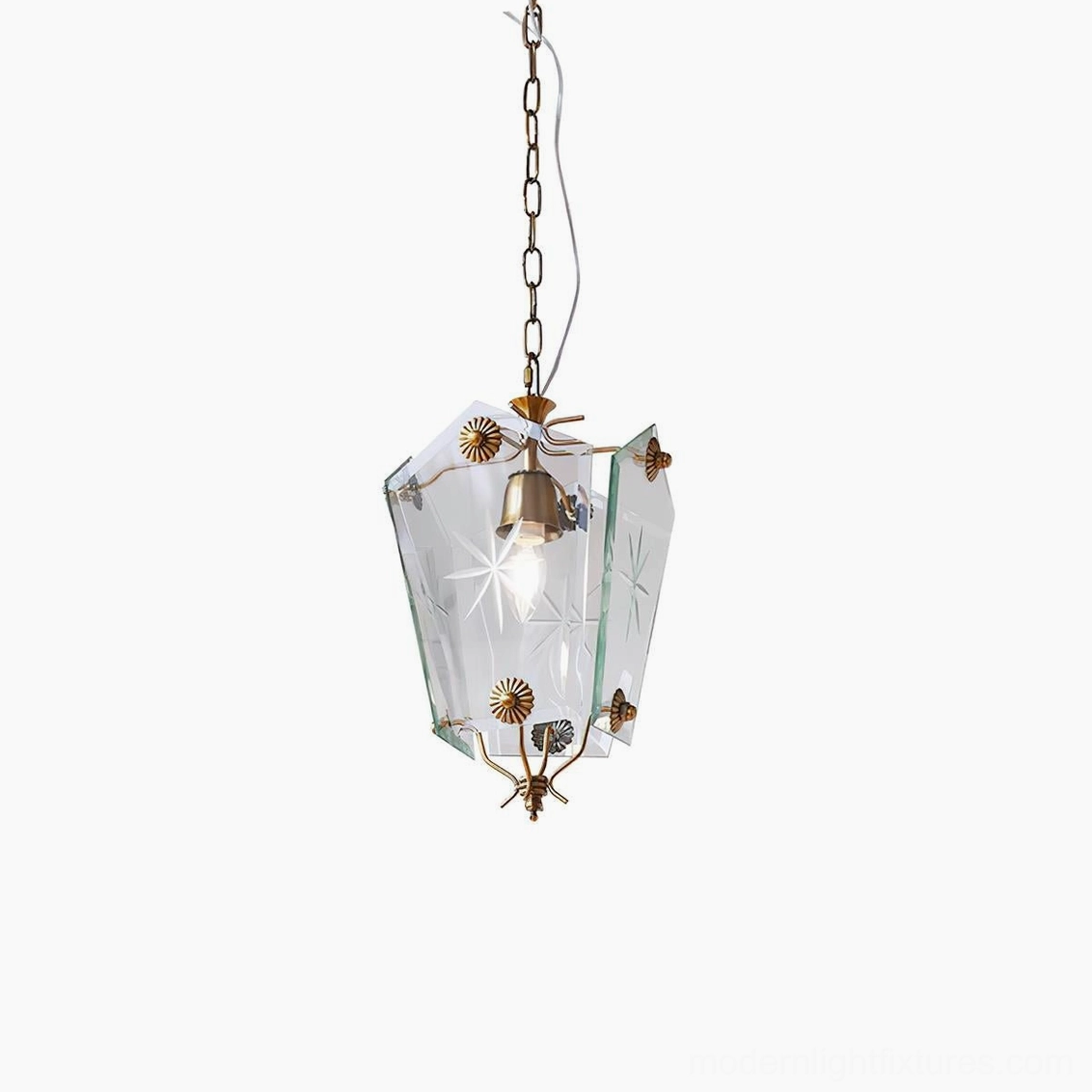 Vintage brass glass pendant light complete fixture product shot clear glass panels