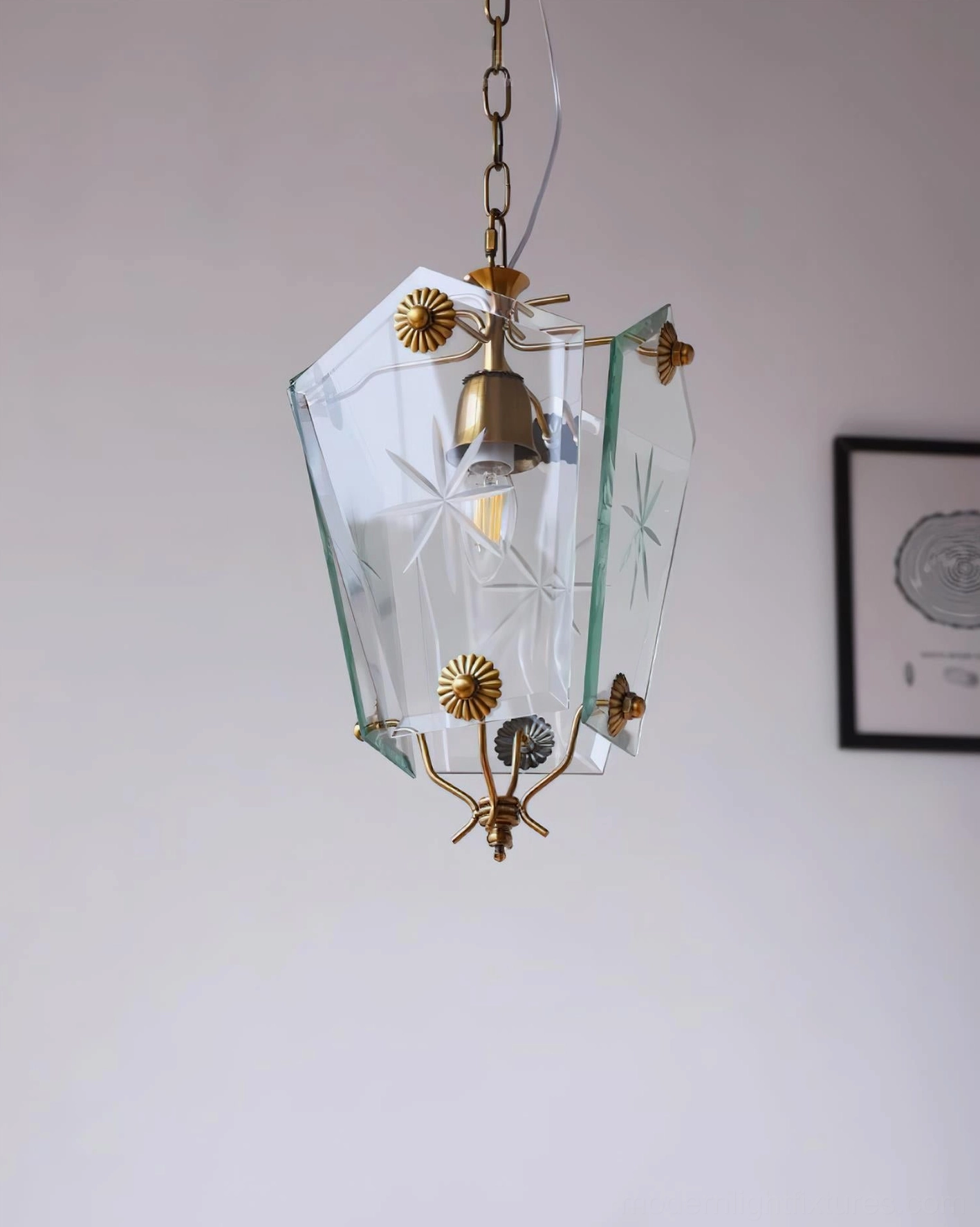 Front angled view vintage brass glass pendant light star-etched shade framed wall art