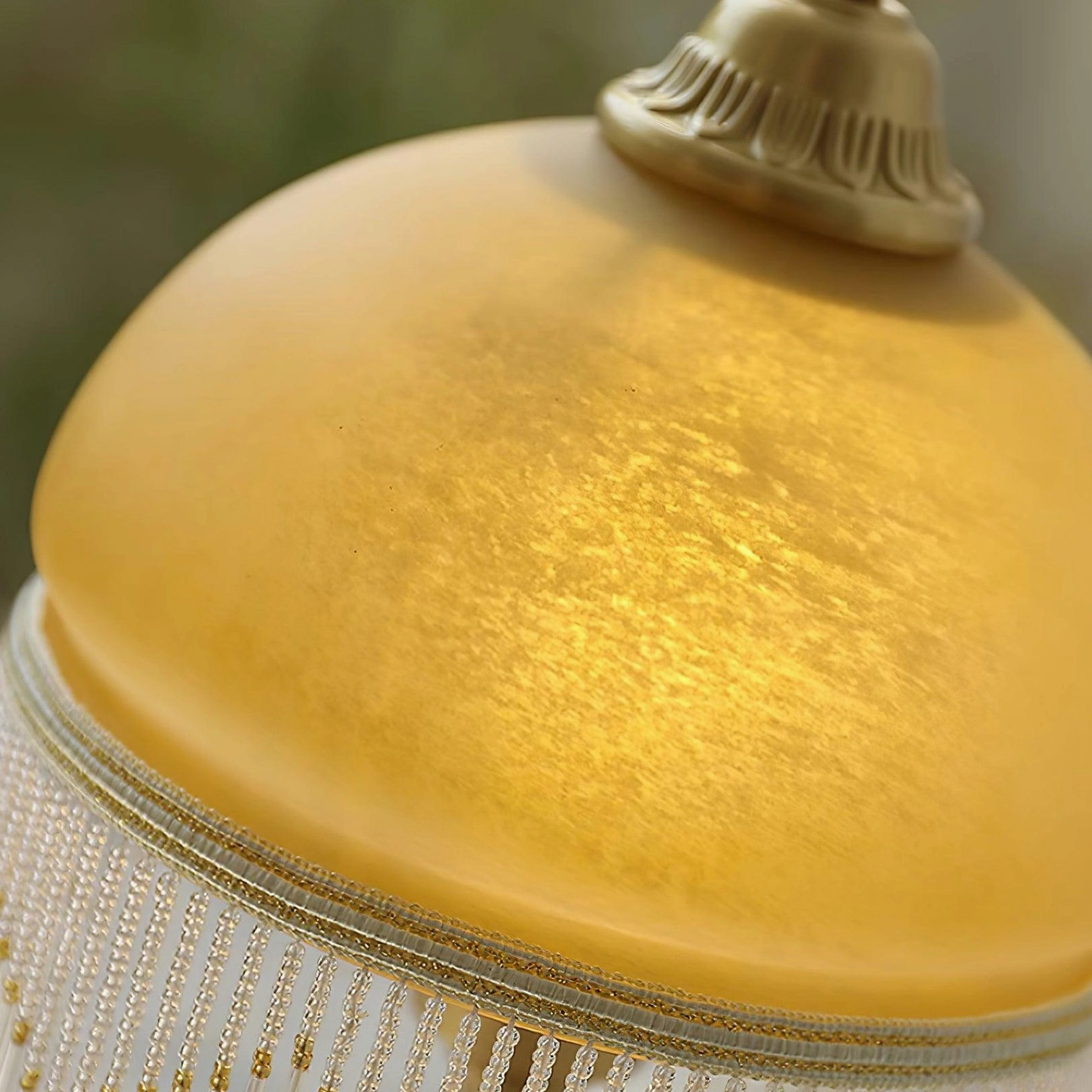 Vintage brass table lamp with crystal beaded tassel and amber glass shade - Art Deco inspired design