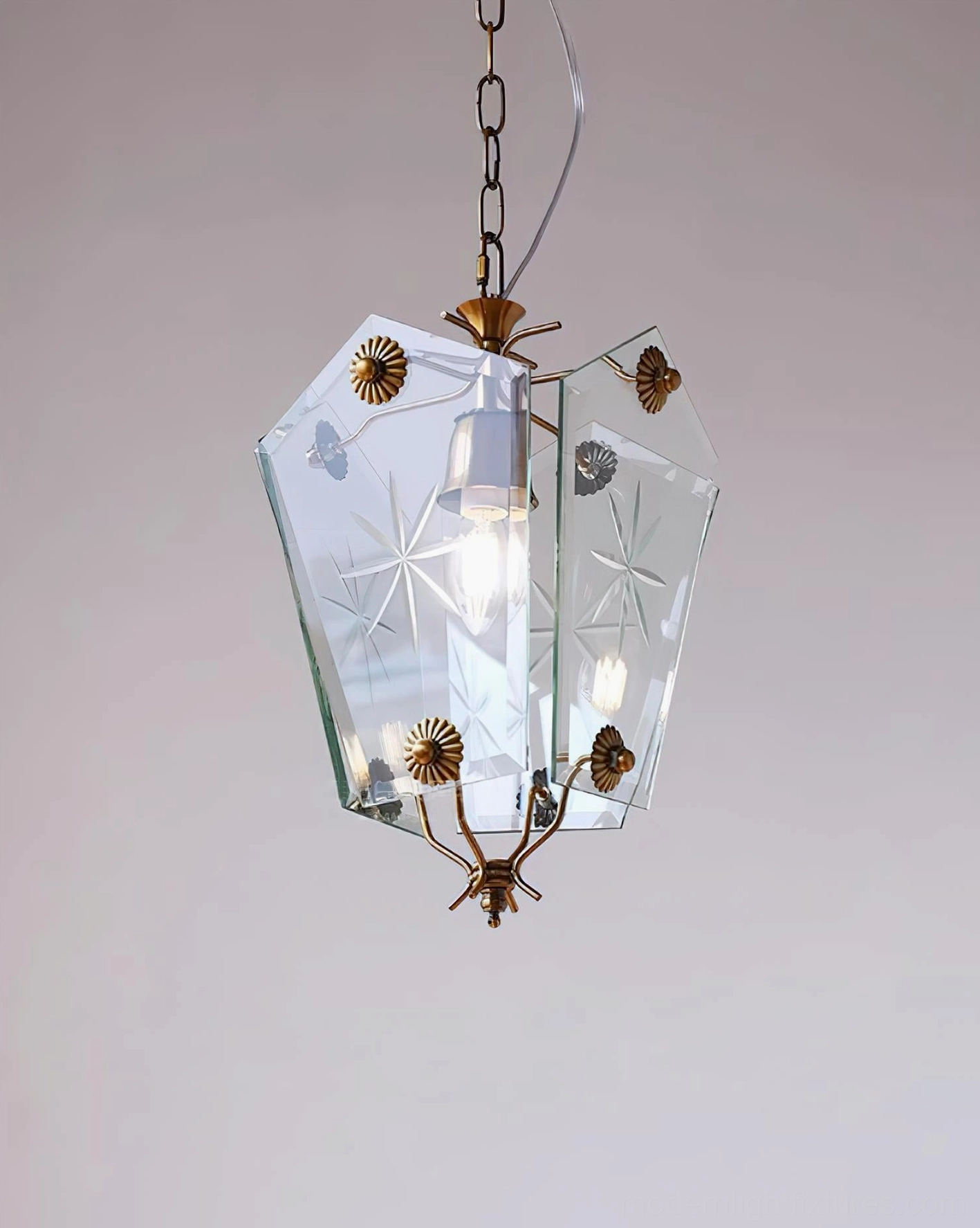 Vintage brass pendant ceiling lamp showing hanging chain length adjustment feature