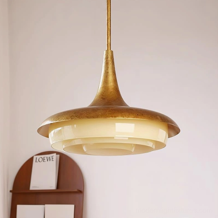 Vintage brass pendant lamp with layered frosted glass shade, three-quarter front retro mid-century view