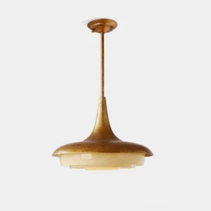 Vintage brass pendant light with layered cream glass shade, front overhead view showcasing mid-century modern design