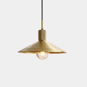 Vintage brass pendant light with wide conical shade and exposed bulb, front studio view showing lustrous matte gold finish