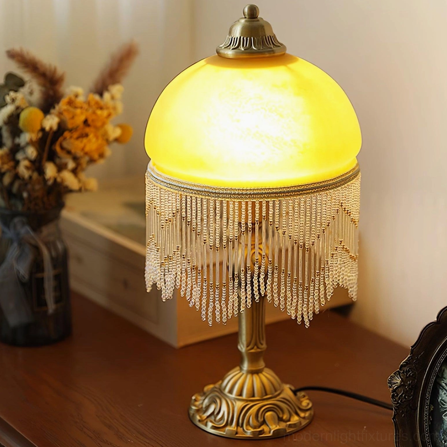 Vintage decorative brass tassel table lamp with frosted amber glass - dimmer compatible lighting fixture