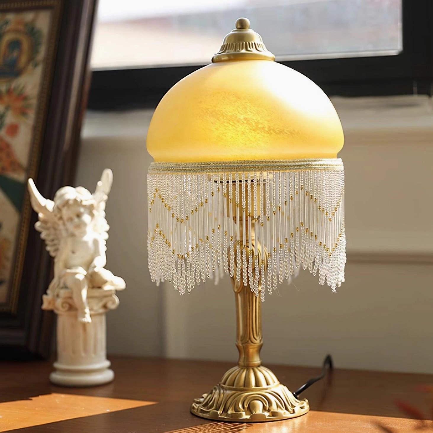 Vintage brass tassel table lamp with amber glass shade and beaded tassel trim - available in US UK EU AU plugs