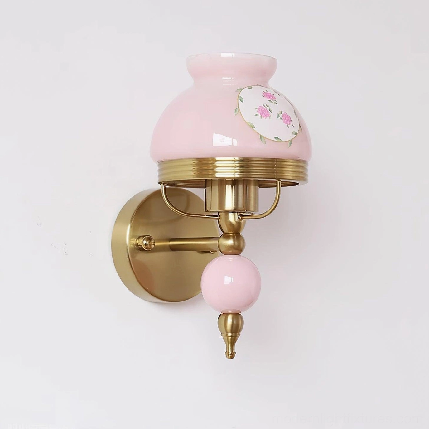 Vintage brass wall lamp with delicate frosted floral glass shade and mounting hardware