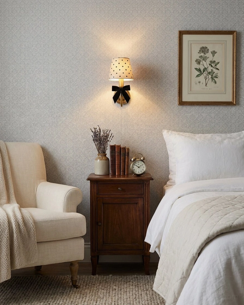 Decorative polka dot wall sconce in cozy master bedroom with brass fixture, black velvet bow, and light gray feature wall styling