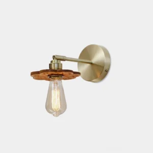 Vintage brass wall sconce with carved flower-shaped wooden plate and exposed Edison filament bulb - mid-century modern industrial lighting fixture