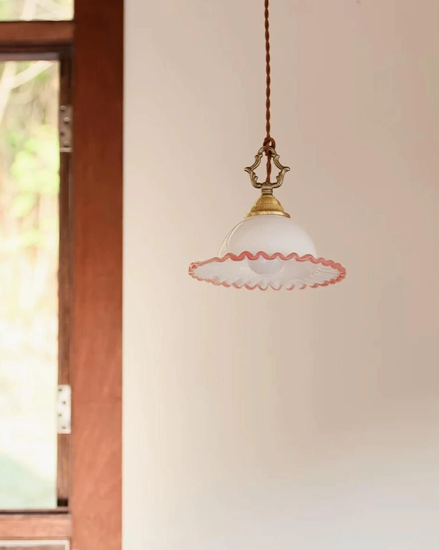 Ruffled pink glass pendant light brass hardware and canopy mount - vintage casting detail close-up