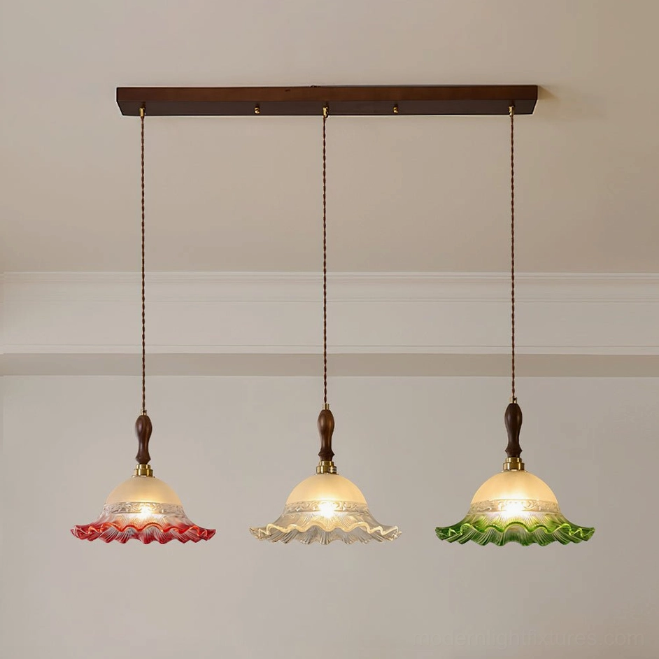 Vintage Brielle pendant light showing full fixture with brass and wood elements
