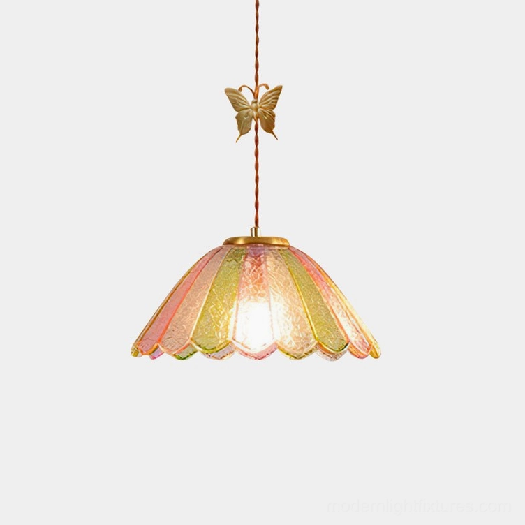 Vintage butterfly pendant light with handcrafted stained glass shade in soft pink and green gradient, front view on white background