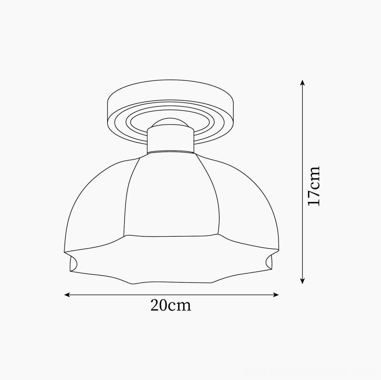 Technical dimension drawing of scalloped ceiling light showing 20cm diameter and 17cm height specifications