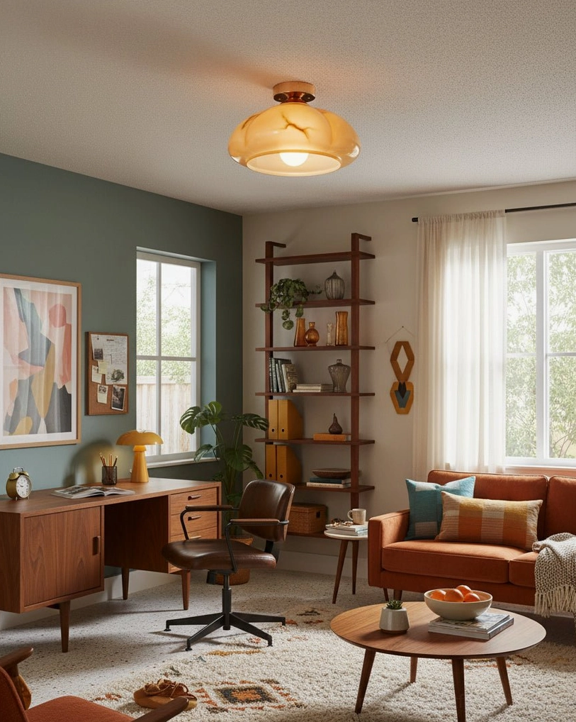 Marbled amber glass ceiling light fixture in retro home office and living area with warm wooden furniture