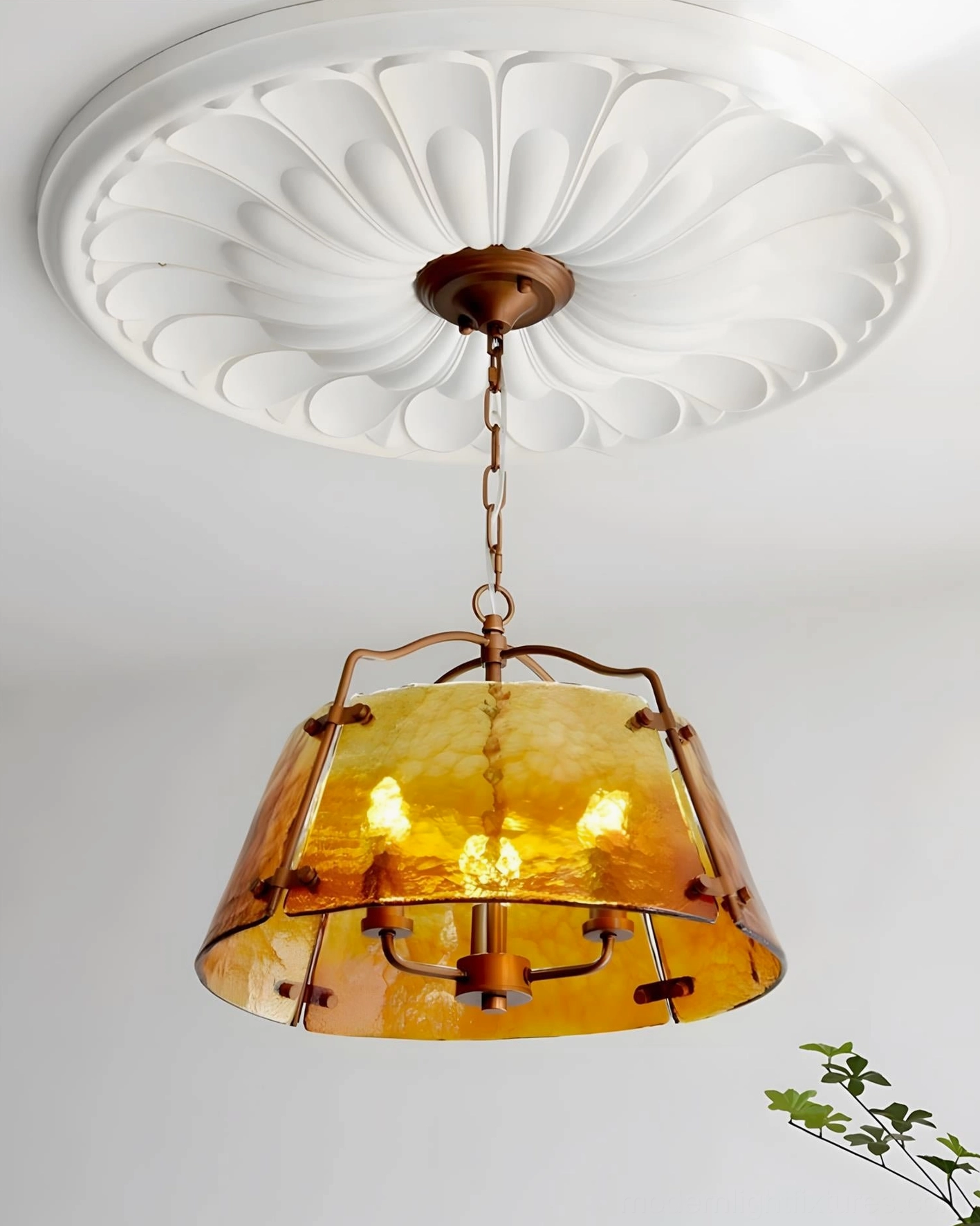 Vintage ceiling pendant light with decorative medallion, antique copper frame with amber glass shade