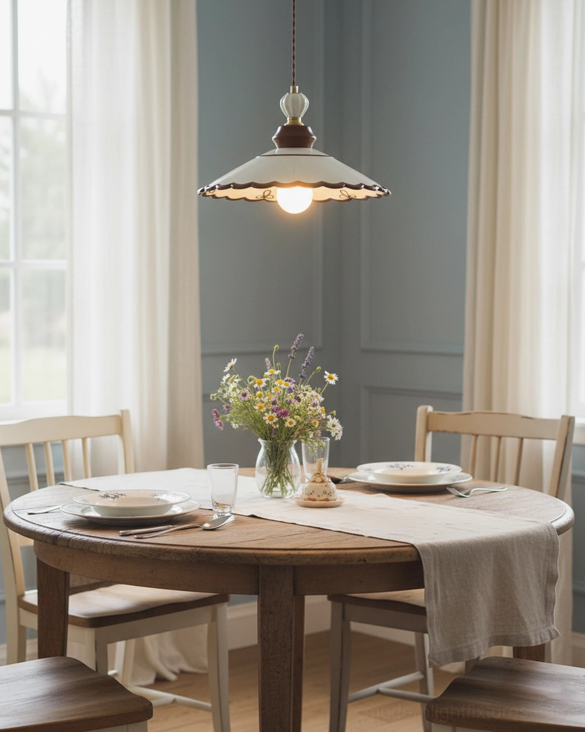 Vintage-style ceramic pendant lamp with hand-painted brown accents and brass hardware detail view