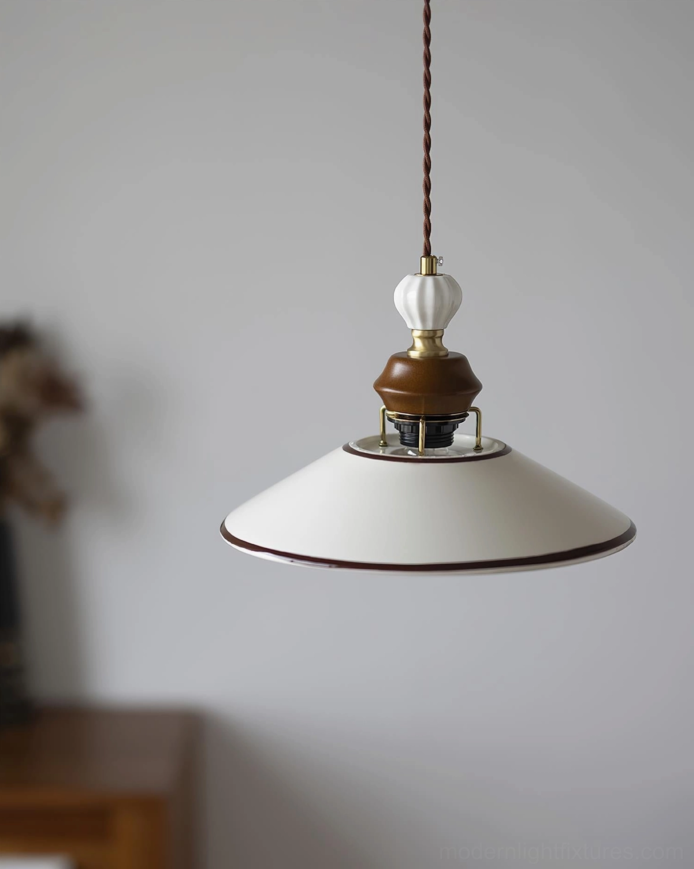 Vintage-inspired ceramic scalloped pendant fixture with hand-painted details and refined brass hardware