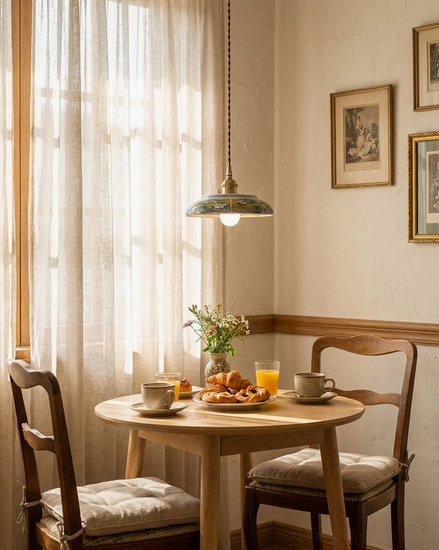 Vintage hand-painted ceramic pendant light over dining nook with wooden table and warm lighting