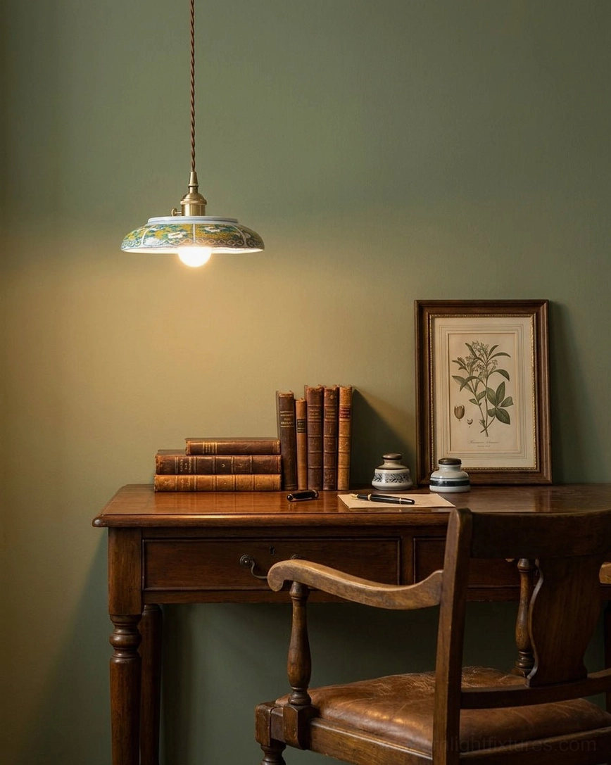 Vintage ceramic saucer pendant light over home office desk with books and framed artwork