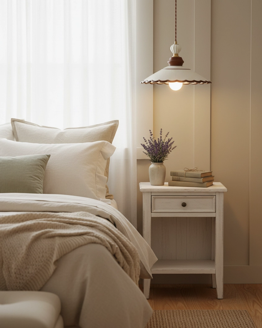 Vintage ceramic pendant light installed in home interior, demonstrating warm diffused glow and aesthetic appeal