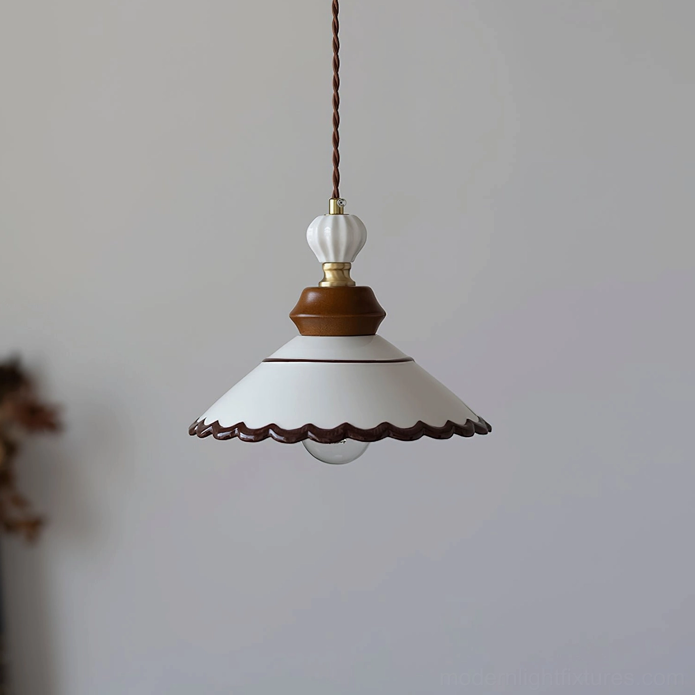Vintage ceramic pendant lamp with scalloped brown edge detail, flat front view demonstrating hand-painted artisan craftsmanship
