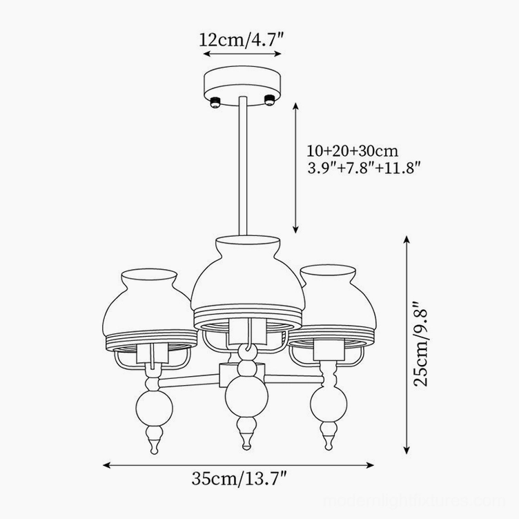 3-head and 5-head vintage floral chandelier size comparison technical dimension drawing