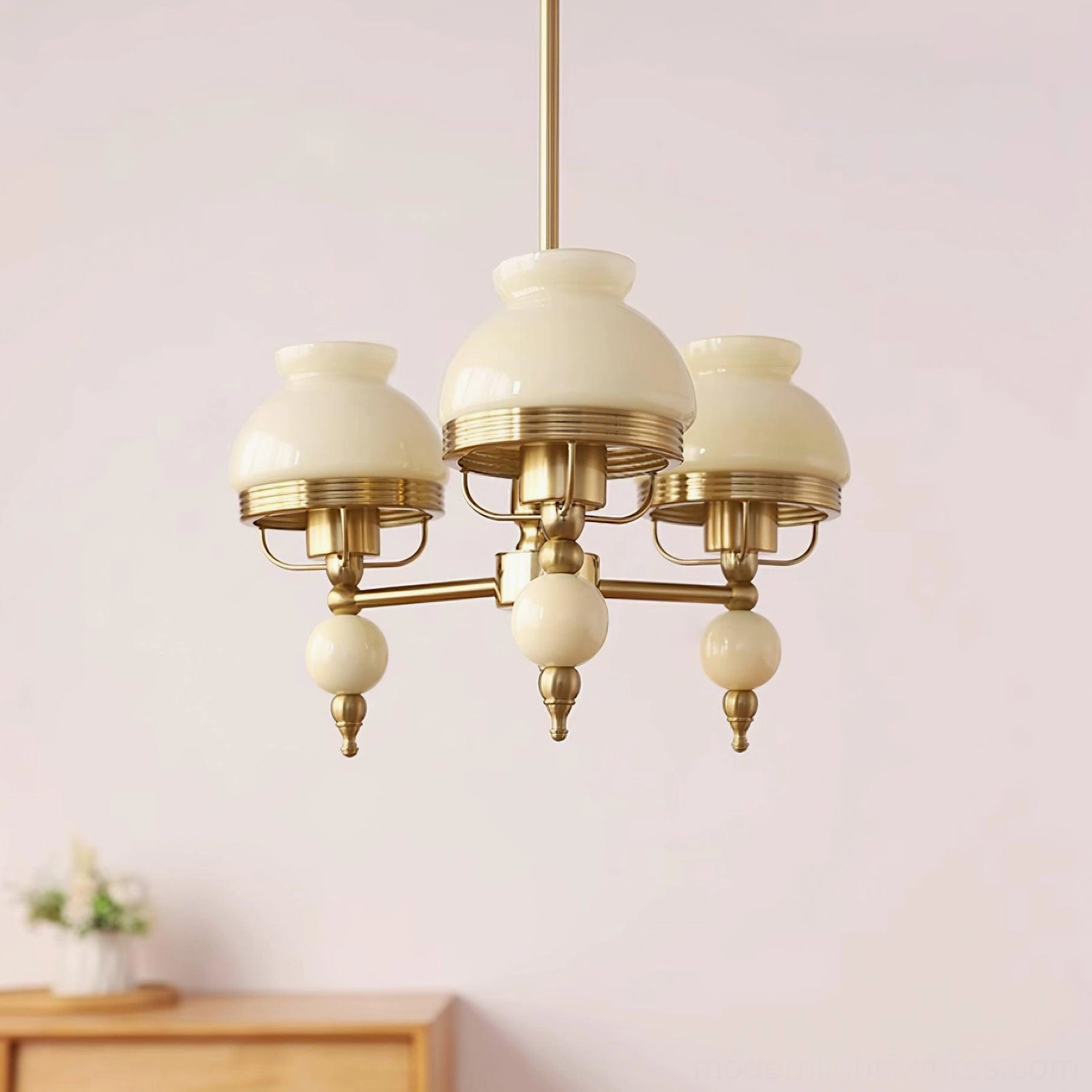 3-head vintage floral glass chandelier detail view with ceramic flower pendants