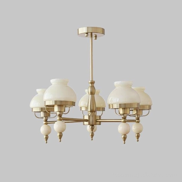 5-head vintage floral glass chandelier Model A Beige with ceramic flower accents