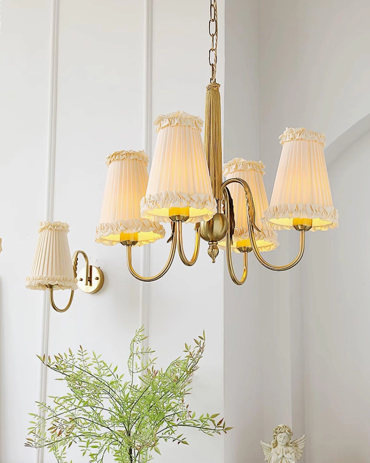vintage chandelier aged brass finish pleated shades close-up