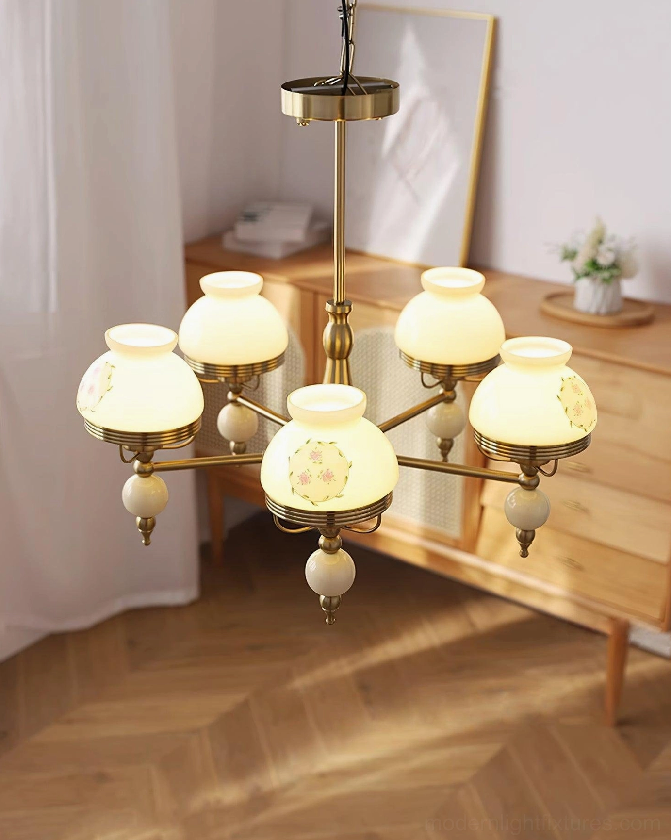 Vintage floral glass chandelier installed in dining room setting with warm ambient glow