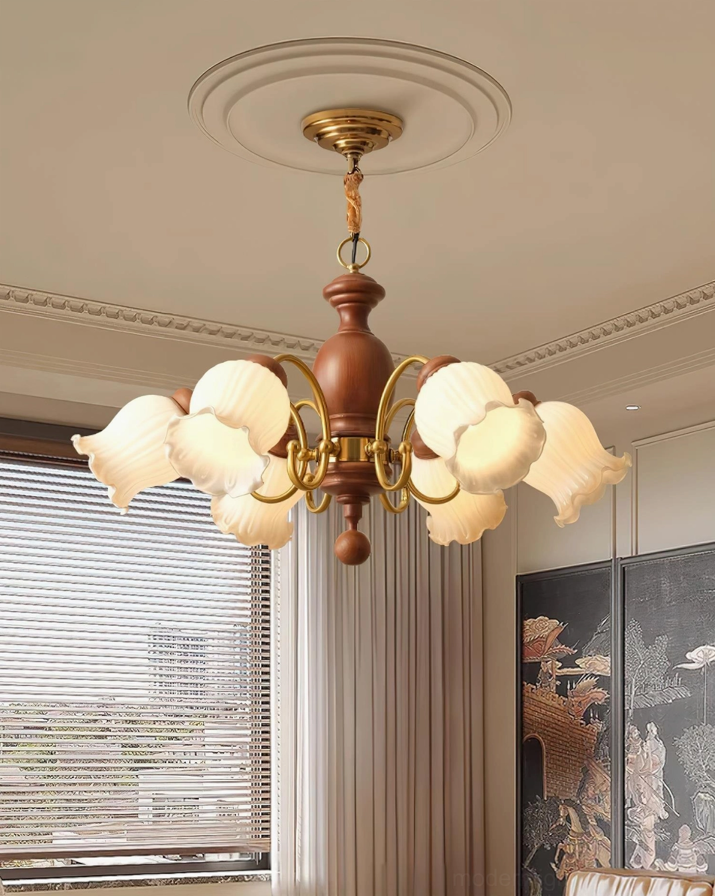 Vintage wood chandelier detail shot showing hand-crafted white glass lily shades and brass framework