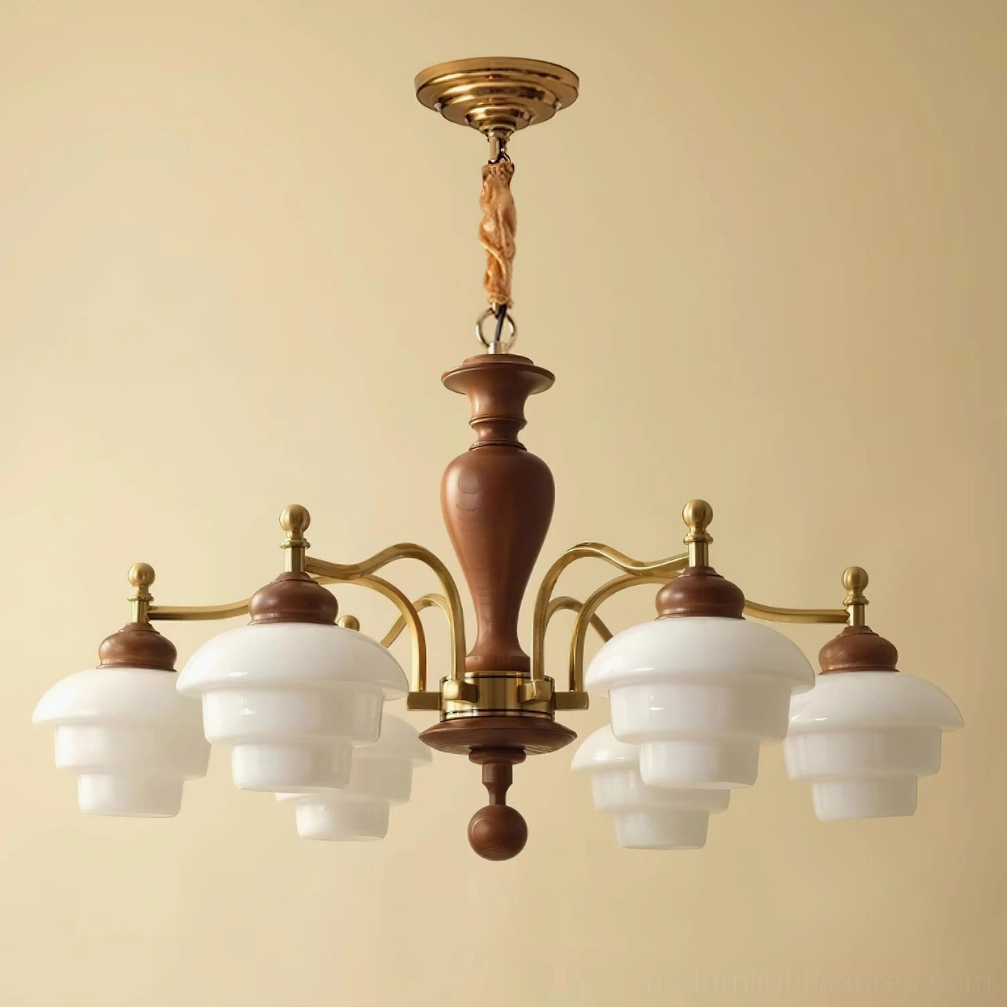 Vintage wood and metal chandelier installation guide showing ceiling mounting and hanging chain adjustment