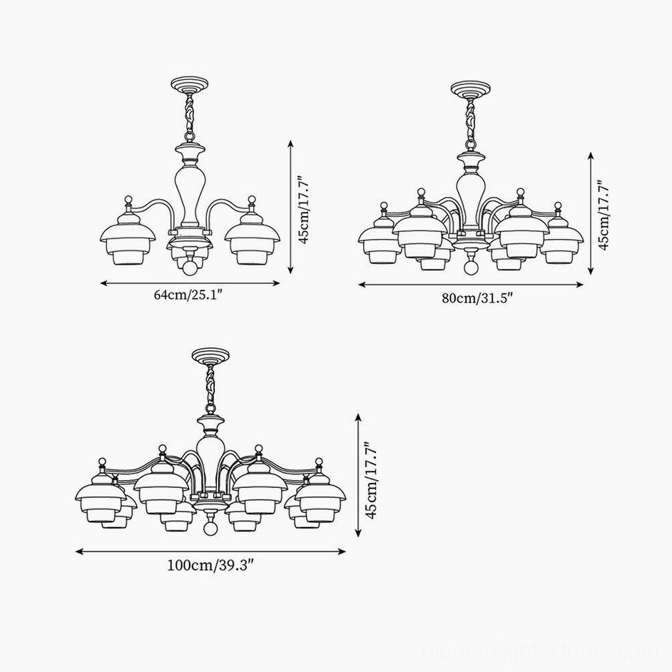 Chandelier dimension reference drawings - technical flat view showing 3 size options for the vintage wood and metal collection