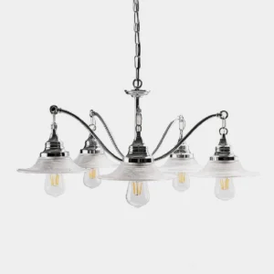 Vintage 5-light chrome chandelier with fluted glass shades and exposed Edison bulbs front view studio photography