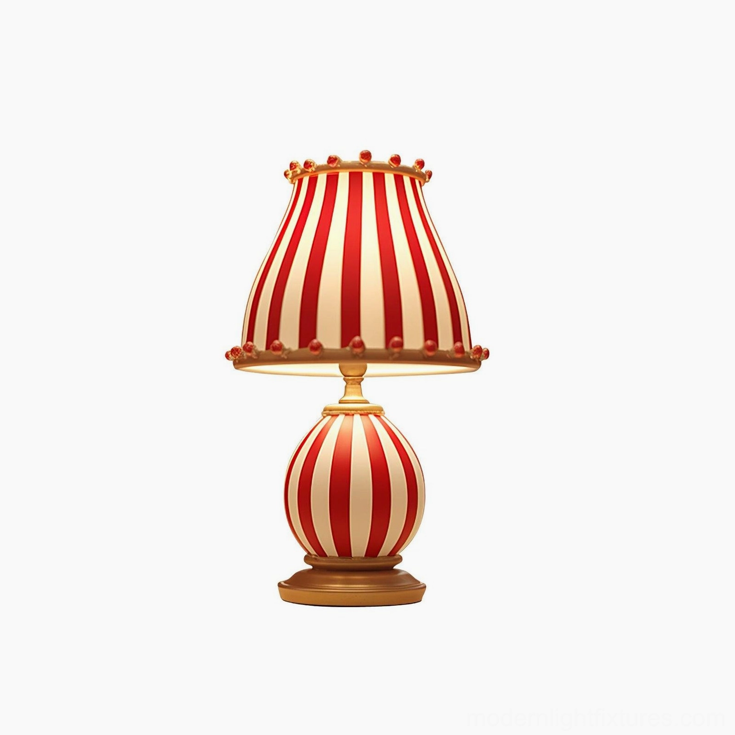 Table lamp featuring vintage circus tent stripes and pom-pom accents