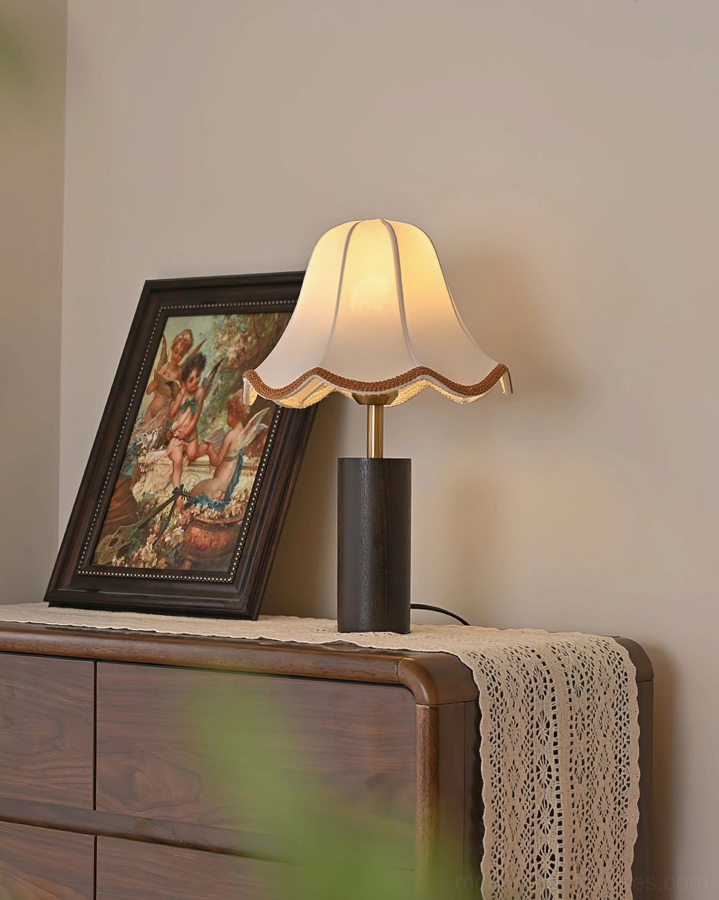 Table lamp with scalloped fabric shade and walnut wooden base vintage cottage aesthetic design
