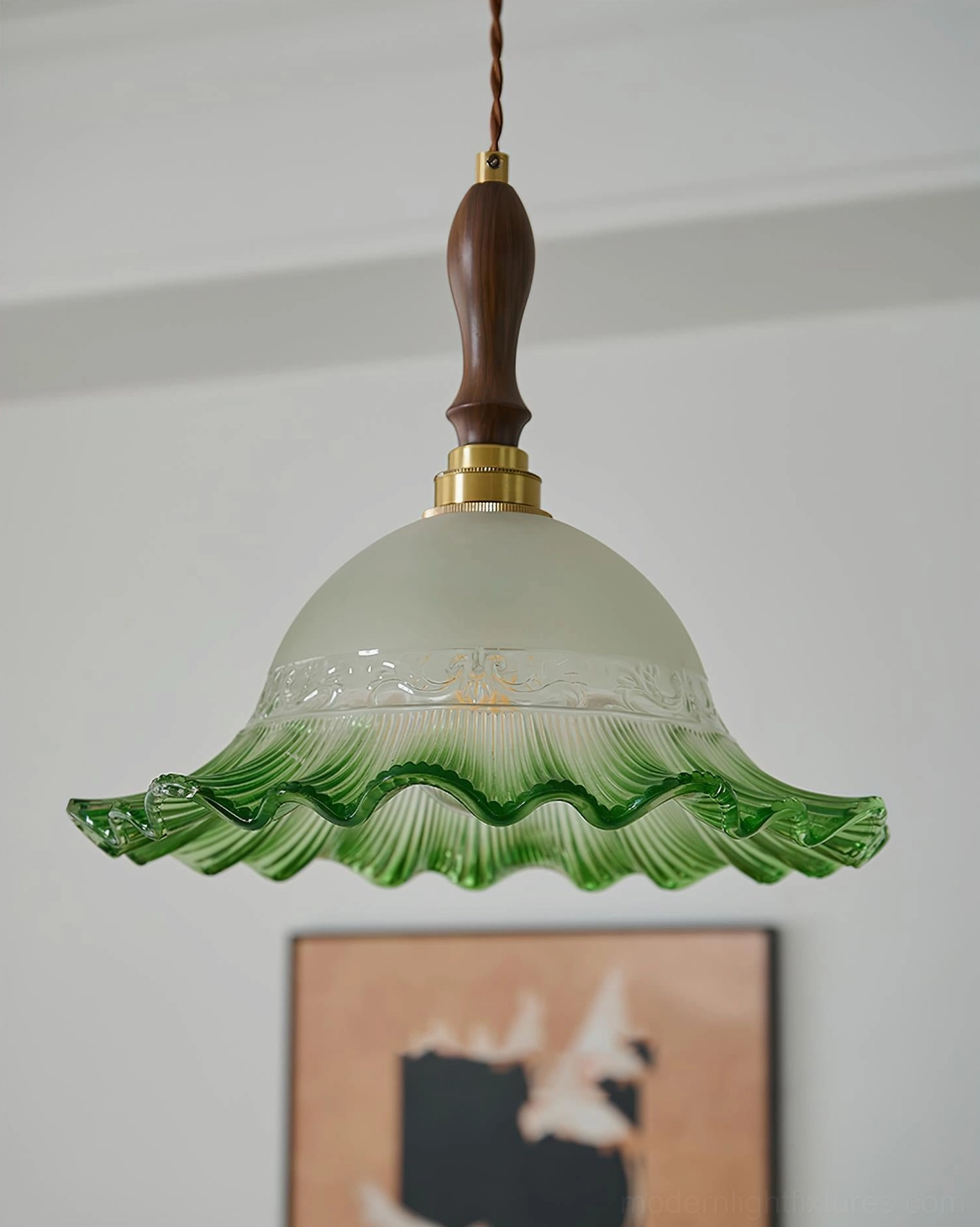 Vintage frosted glass pendant light with embossed pattern and walnut wood spindle