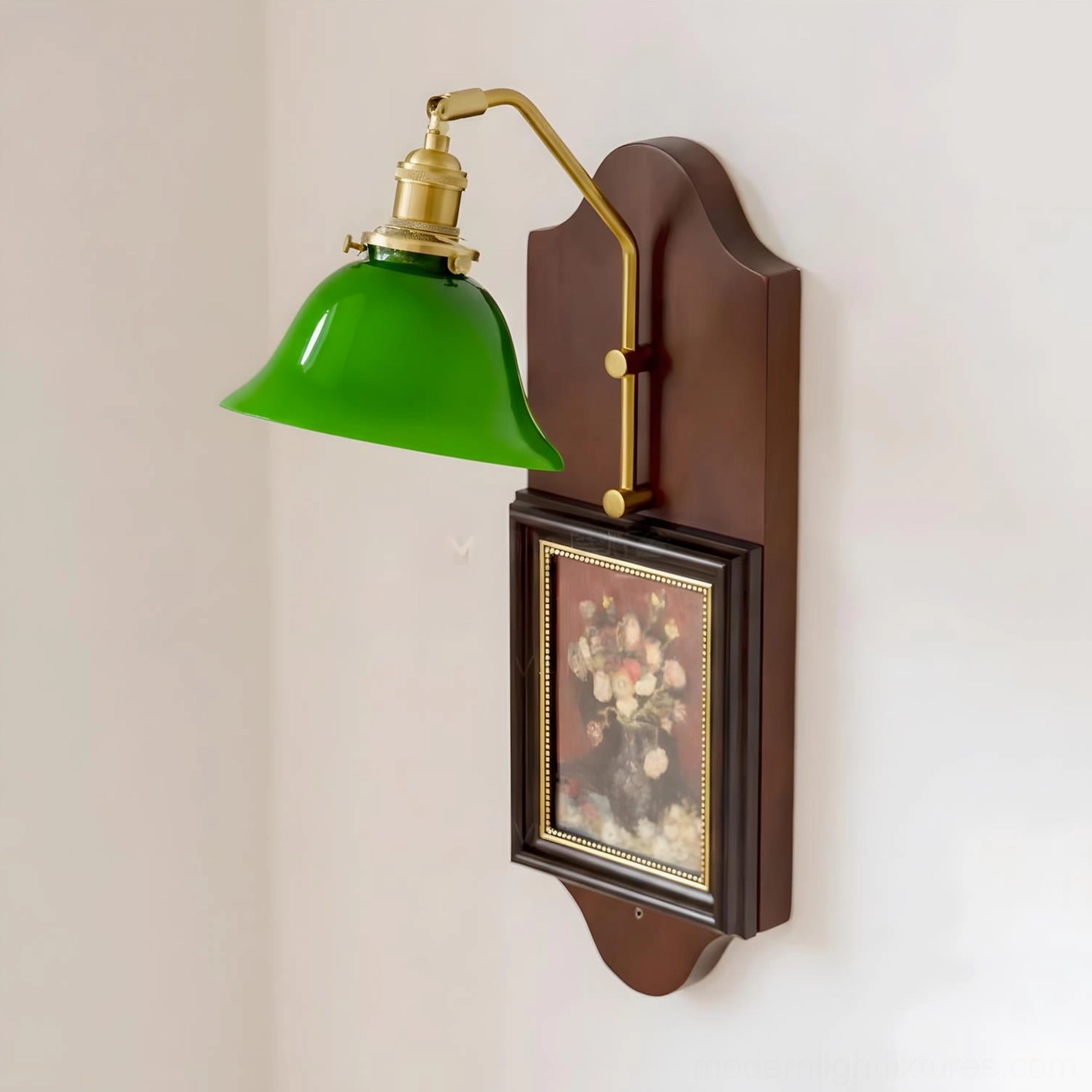 Vintage-style emerald green wall sconce with brass hardware in warm-toned interior setting, lifestyle photography