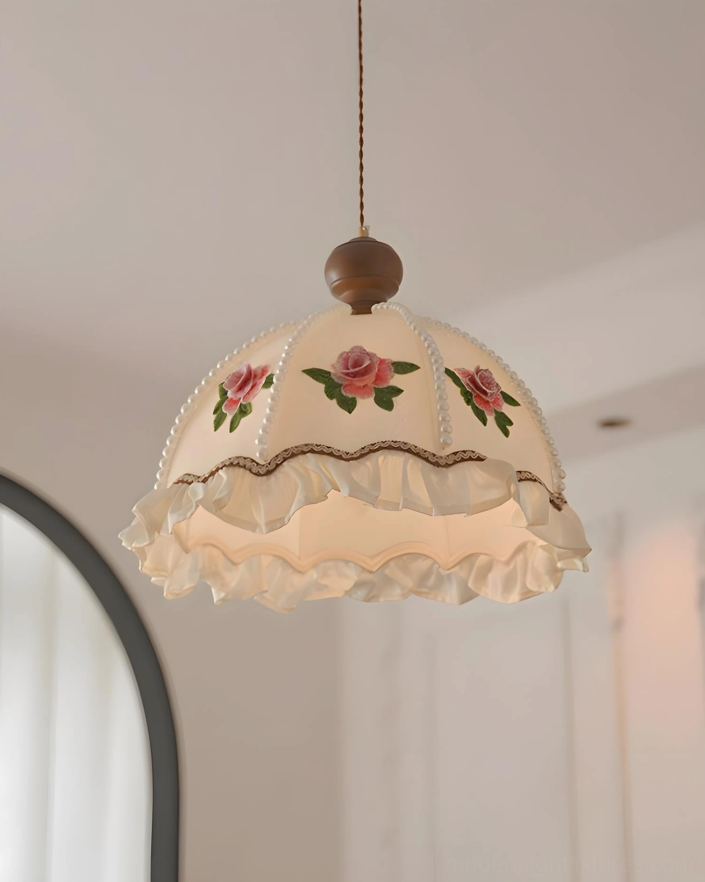 Vintage fabric pendant lamp showcasing delicate ruffled edge and botanical embroidery craftsmanship