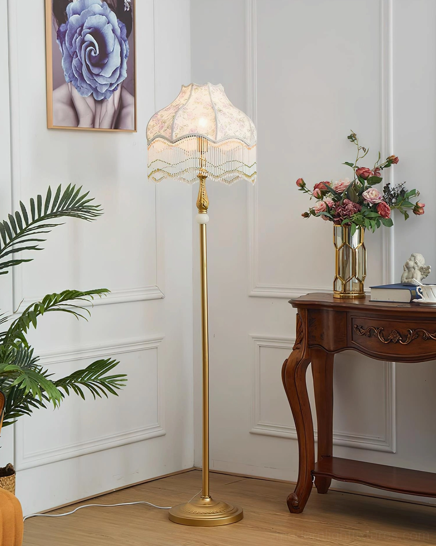 Vintage floor lamp with plain off-white shade and gold base in classic corner