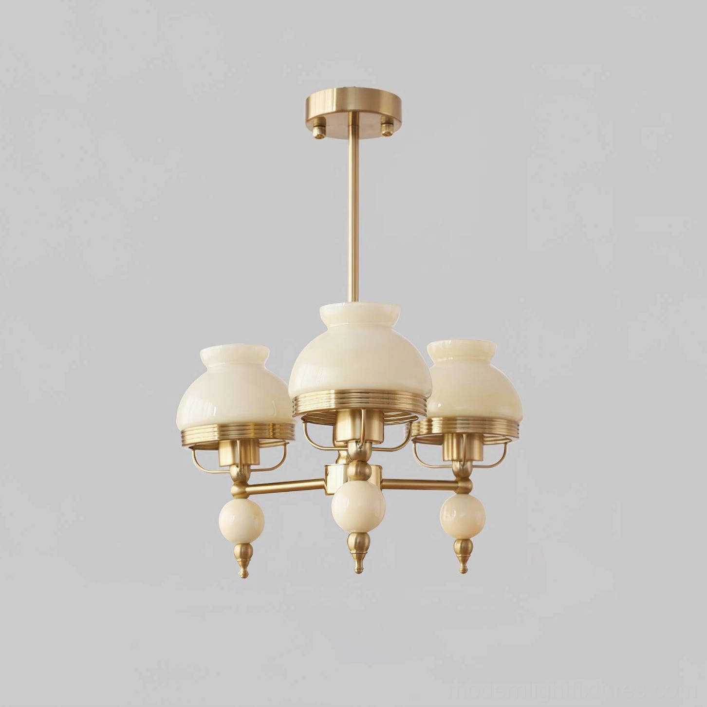 3-head vintage floral chandelier with milky white glass shades and brass gold frame