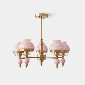 5-head vintage floral glass chandelier with pink flower shades and brass gold frame in studio setting